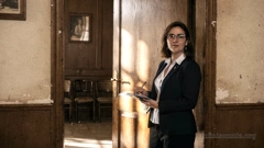 A somewhat run-down office. Standing in the doorway to the waiting room is the secretary, Clara Montserrat. She has a notebook and a pen in her hand. (AI generated image)