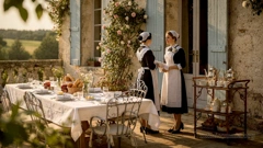 The terrace of a French country house on a sunny morning. A large breakfast table is laid with bread, jams, and other delicacies. To one side stands a trolley with cups and pots. Two maids are talking to each other. (AI generated image)