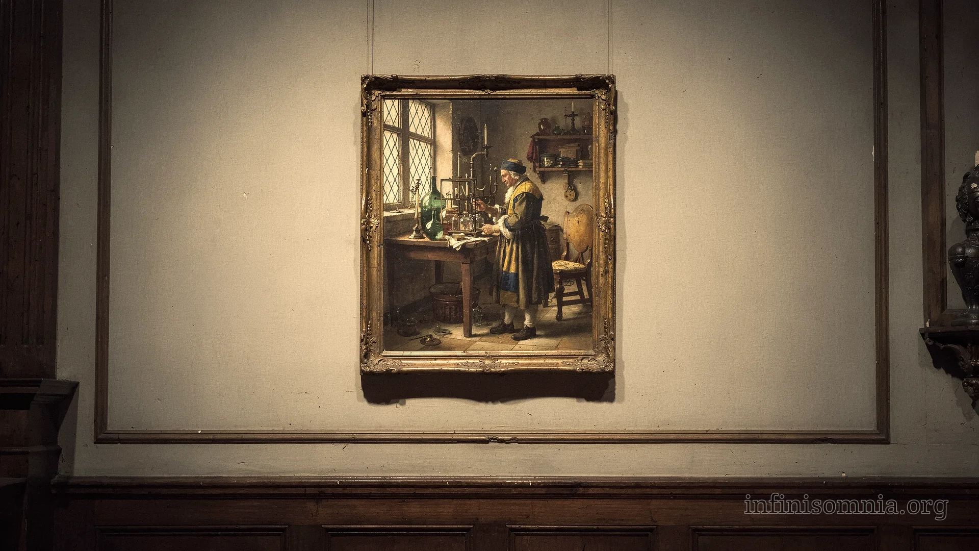 An oil painting hangs on the wall of a museum. It is The Alchemist. In the painting, a man stands at a table with bottles and apparatus. The picture is designed in the style of Vermeer&rsquo;s &ldquo;The Astronomer&rdquo; and &ldquo;The Geographer&rdquo;.
