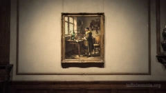 An oil painting hangs on the wall of a museum. It is The Alchemist. In the painting, a man stands at a table with bottles and apparatus. The picture is designed in the style of Vermeer&rsquo;s &ldquo;The Astronomer&rdquo; and &ldquo;The Geographer&rdquo;. (AI generated image)