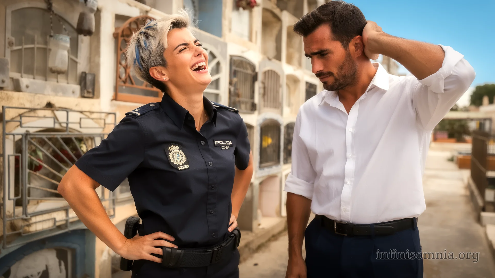 Vor einer alten Steinwand mit vielen Fächern stehen Miray und Dian. Miray trägt die Uniform einer Inspectora. Sie hat die Hände in die Hüfte gestemmt und lacht herzhaft. Dian steht daneben und streicht sich verlegen den Hinterkopf.
