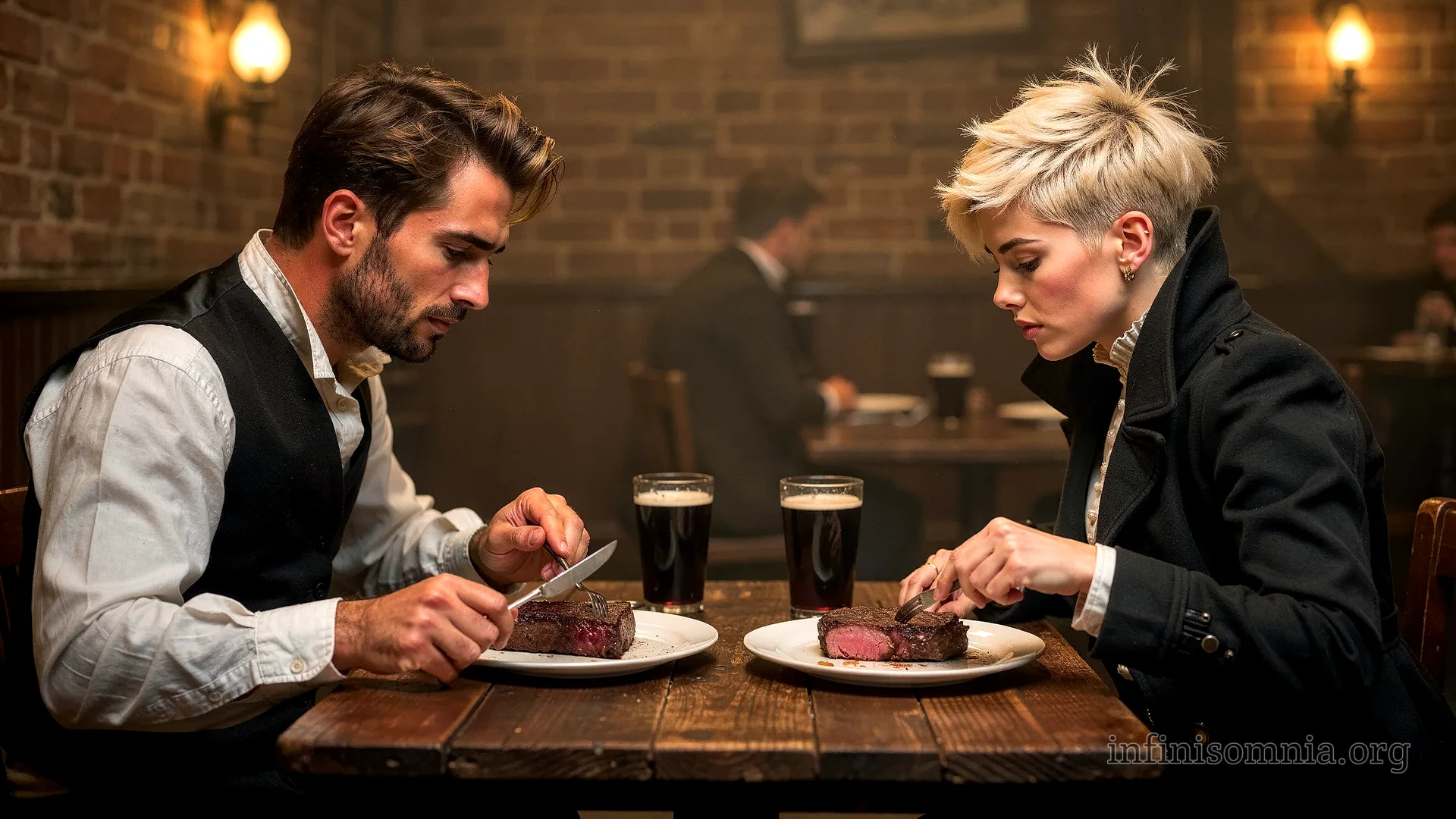 Die rustikale und dunstige Atmosphäre eines Chophouse. Miray und Dian sitzen an einem Tisch, vor ihnen stehen zwei riesige, saftige Steaks und zwei Gläser Dandelion and Burdock. Beide sind in Gedanken versunken, stochern mehr in ihrem Essen.
