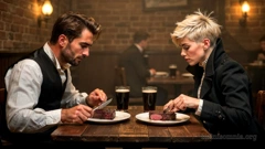 Die rustikale und dunstige Atmosphäre eines Chophouse. Miray und Dian sitzen an einem Tisch, vor ihnen stehen zwei riesige, saftige Steaks und zwei Gläser Dandelion and Burdock. Beide sind in Gedanken versunken, stochern mehr in ihrem Essen. (KI-generiertes Bild)
