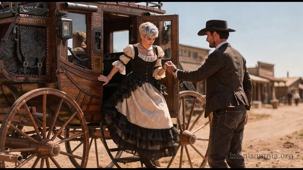 A stagecoach is parked on the dusty high street of a small Wild West town. A coachman stands by the door, helping Miray to step down. She is wearing an elegant petticoat in light and dark colours. As the coachman closes the door, Miray looks around.
