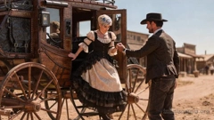 A stagecoach is parked on the dusty high street of a small Wild West town. A coachman stands by the door, helping Miray to step down. She is wearing an elegant petticoat in light and dark colours. As the coachman closes the door, Miray looks around. (AI generated image)