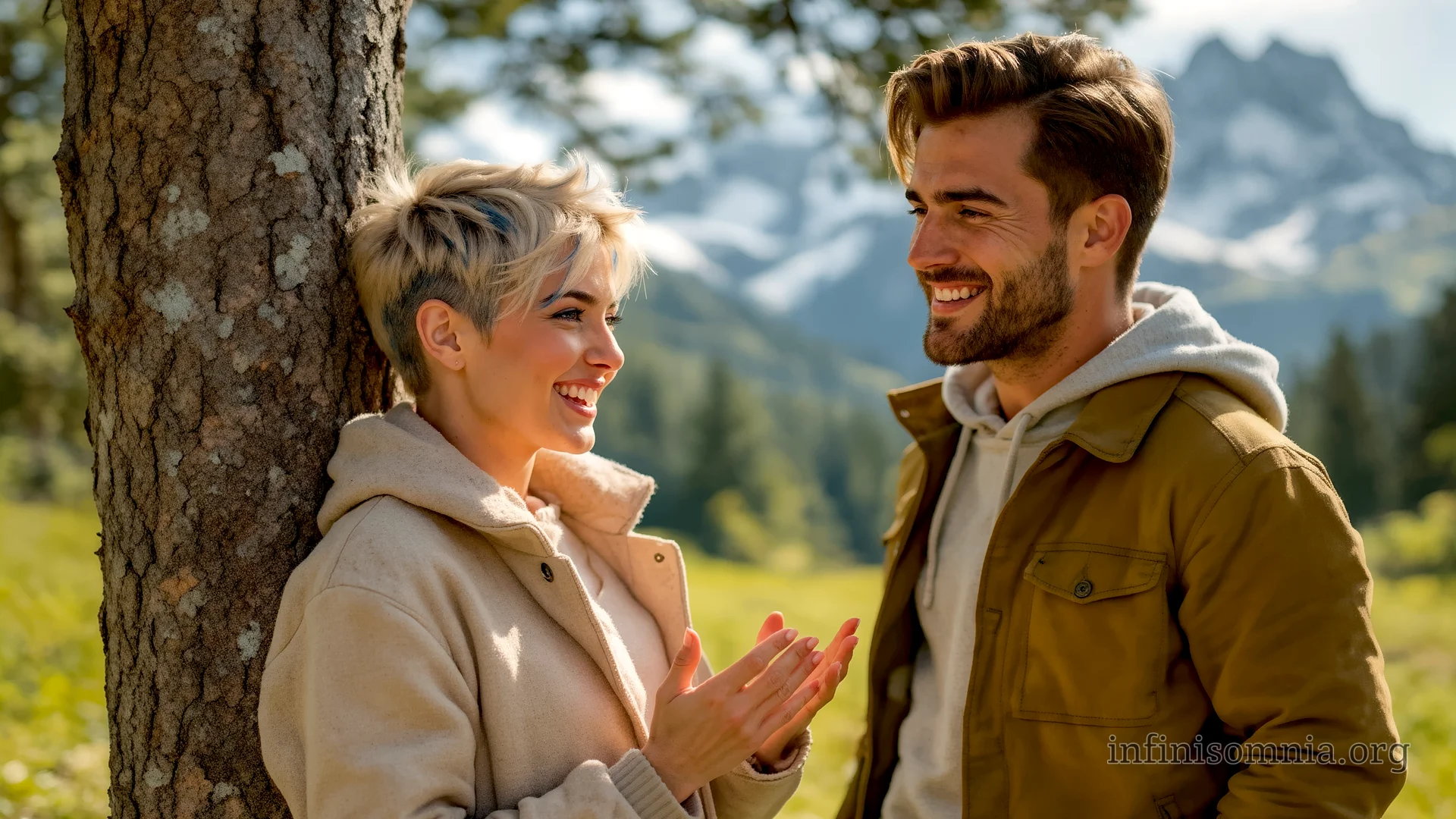 Miray and Dian are standing in a sunlit mountain meadow. Miray is wearing a light-coloured autumn coat and is leaning against a tree. She is telling him something funny. Dian is wearing a grey hoodie and a brown autumn jacket. He is listening to her.
