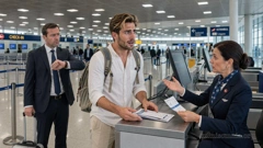 Dian is standing at the check-in desk of an airport. He is wearing a white shirt and a worn rucksack. Nervously, he keeps looking at the gate as if he is about to miss his flight. But the woman behind the desk is holding his ticket and is arguing with him. Behind him stands another passenger who is already looking at his watch impatiently. (AI generated image)