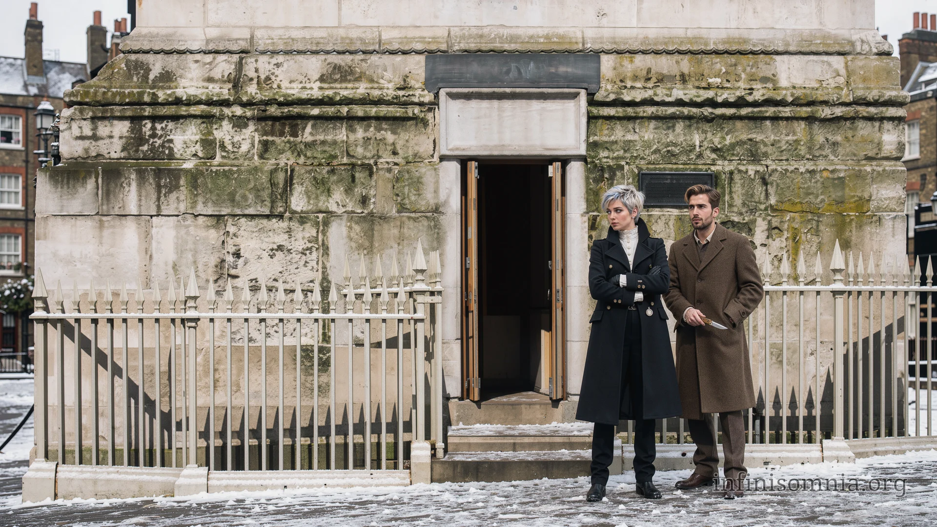 Dian and Miray are standing at the Monument in London. Dian pulls a small knife out of his pocket while Miray keeps a lookout.
