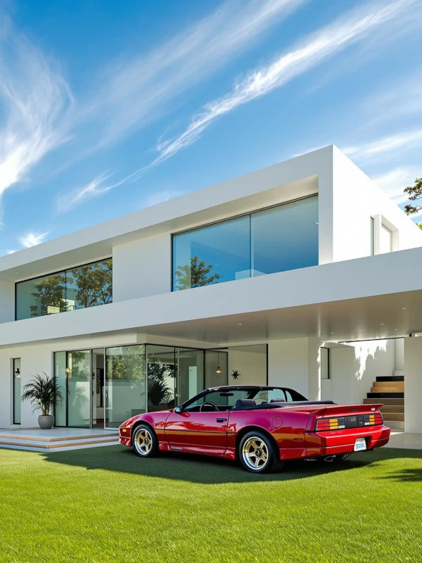 Eine moderne, zweistöckige Villa mit großen Glasfenstern und einer hellen, minimalistischen Fassade. Vor dem Haus steht auf einem gepflegten Rasen ein roter Sportwagen mit offenem Verdeck. Die Szene ist hell und sonnig.