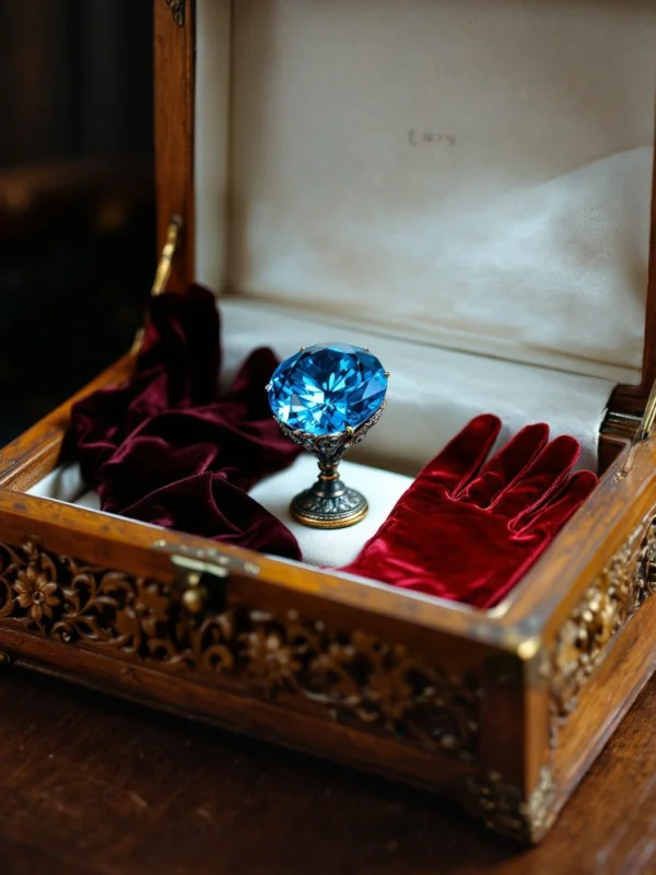 An open display case, containing a large aquamarine and a fox-red right velvet glove.