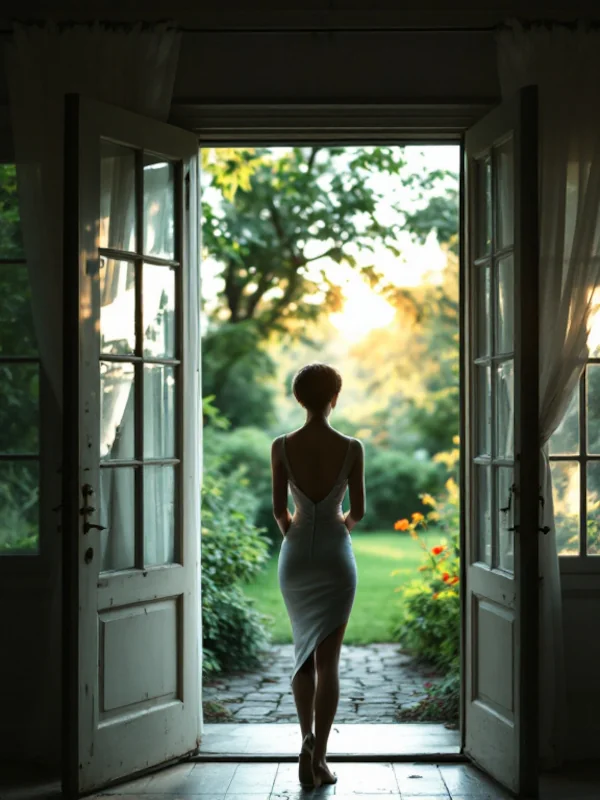 An open terrace door to a garden. The wind blows white curtains. A young woman, barely visible in the backlight, stands at the door and looks out.