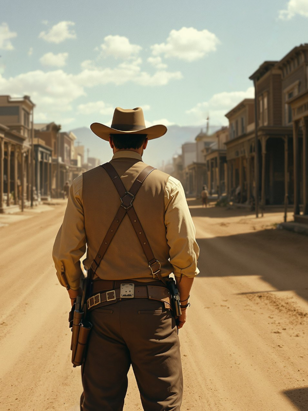 A dusty road in a small town in the Wild West. In the foreground stands a cowboy with his back to the viewer. He is ready for a duel.