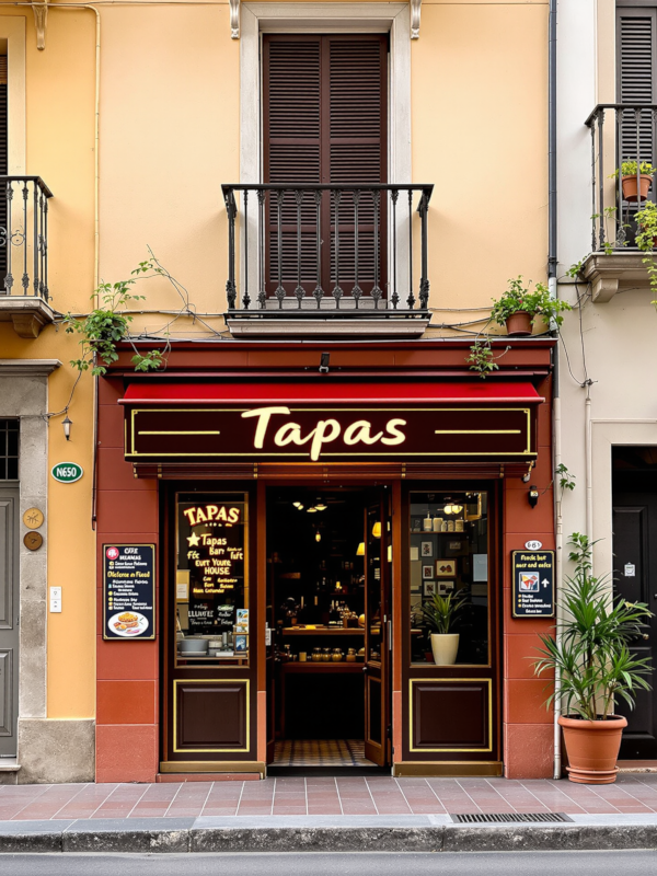 A colorful, Mediterranean row of houses along a sidewalk. In the middle is the entrance to a small tapas bar, decorated with signs and specials. The door is open, inviting you to linger at the bar inside.